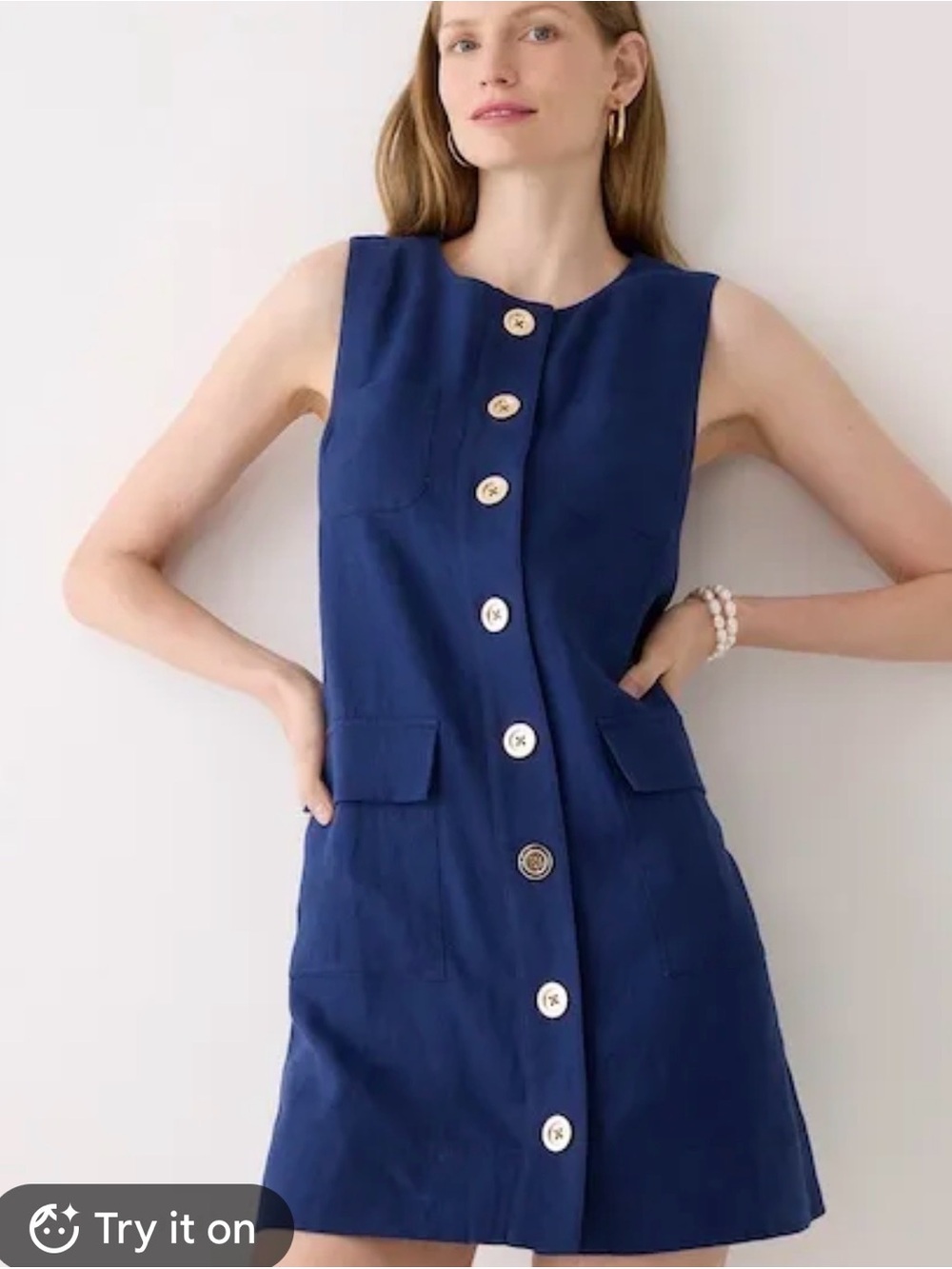 J.CREW Dress Button Front Shift Dress 100% Linen Navy Sleeveless Gold Buttons S